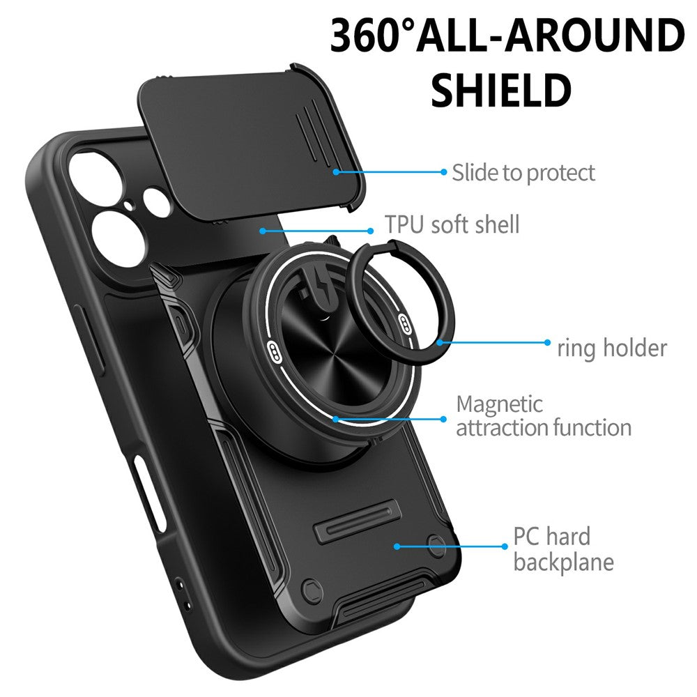 For iPhone 16 Case Sliding Camera Cover Ring Kickstand PC + TPU Phone Shell with Tempered Glass Film