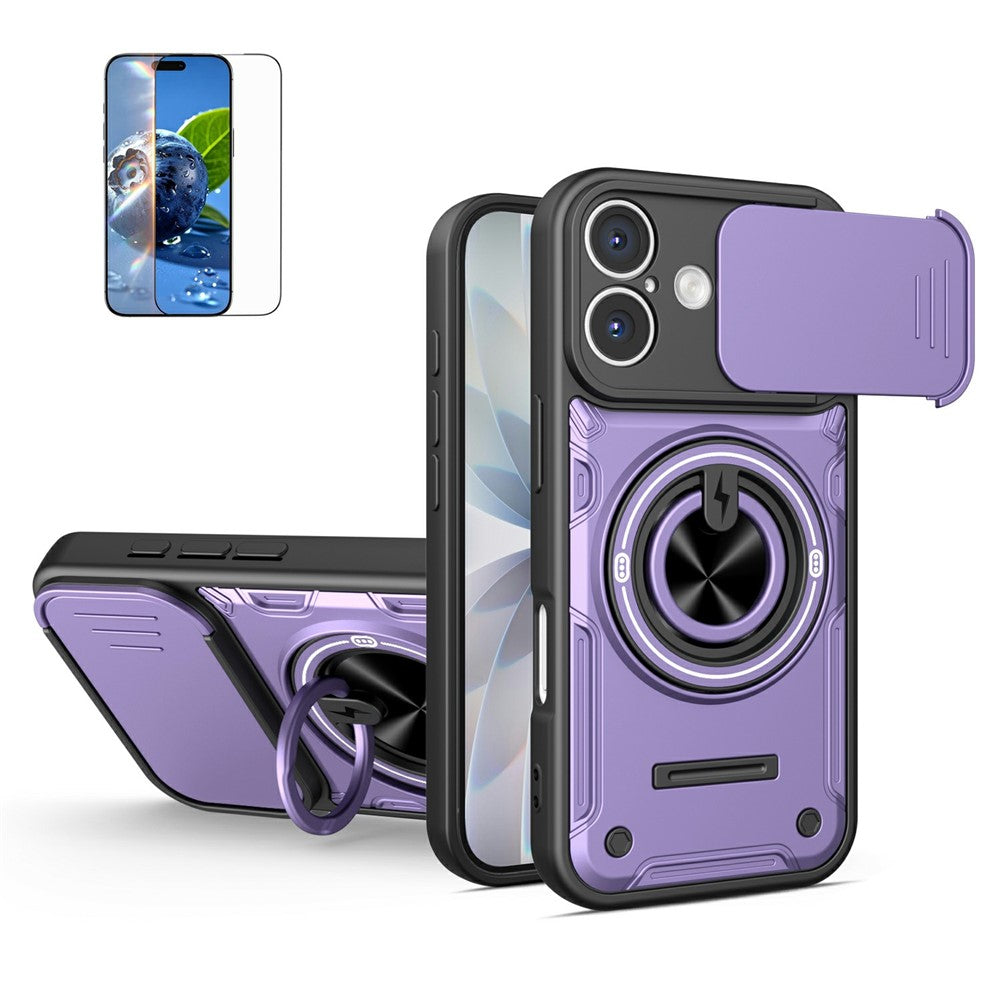 For iPhone 16 Case Sliding Camera Cover Ring Kickstand PC + TPU Phone Shell with Tempered Glass Film
