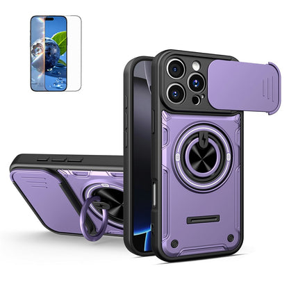 For iPhone 16 Pro Case Sliding Camera Cover Ring Kickstand PC + TPU Phone Shell with Tempered Glass Film
