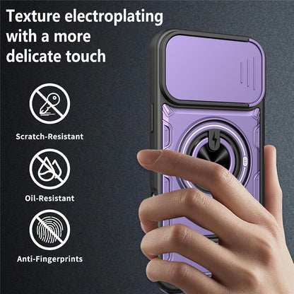 For iPhone 16 Pro Case Sliding Camera Cover Ring Kickstand PC + TPU Phone Shell with Tempered Glass Film