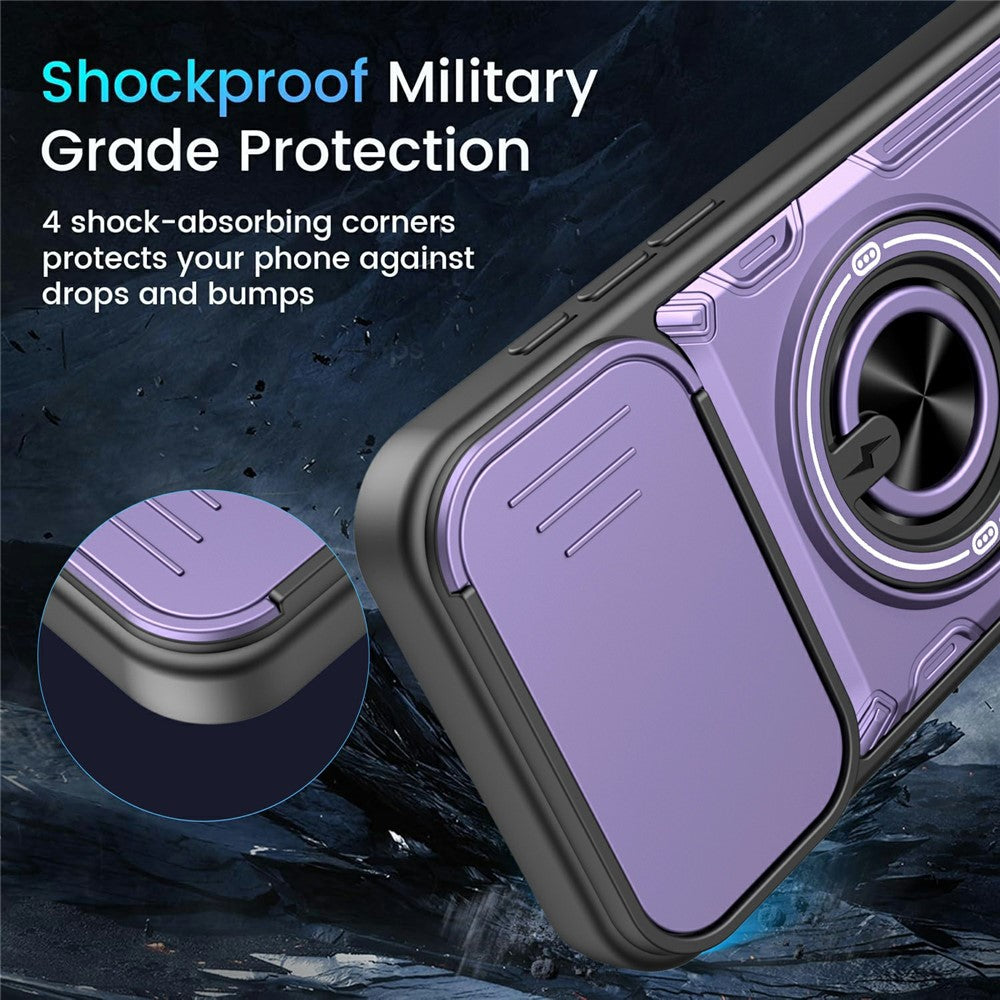 For iPhone 16 Pro Case Sliding Camera Cover Ring Kickstand PC + TPU Phone Shell with Tempered Glass Film