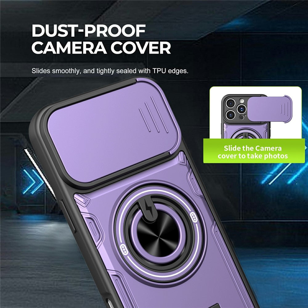 For iPhone 16 Pro Case Sliding Camera Cover Ring Kickstand PC + TPU Phone Shell with Tempered Glass Film