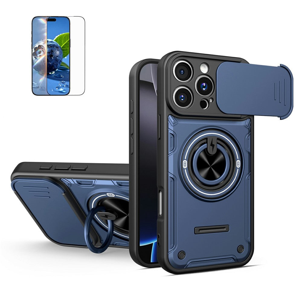 For iPhone 16 Pro Case Sliding Camera Cover Ring Kickstand PC + TPU Phone Shell with Tempered Glass Film