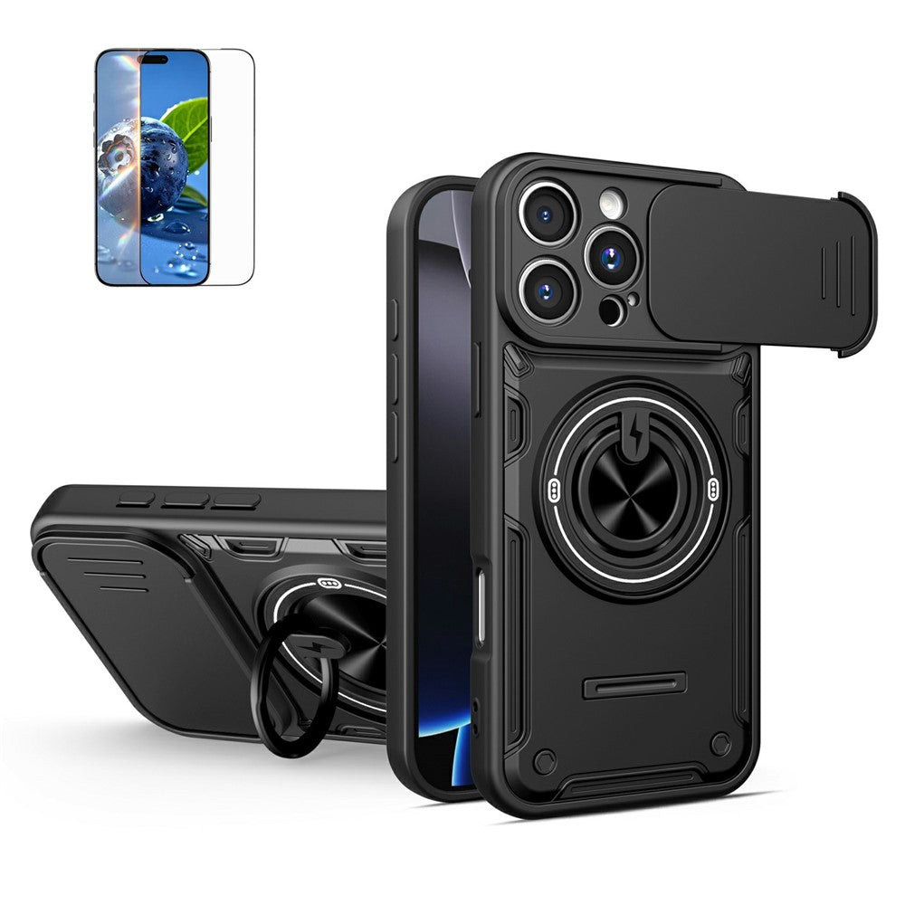 For iPhone 16 Pro Case Sliding Camera Cover Ring Kickstand PC + TPU Phone Shell with Tempered Glass Film