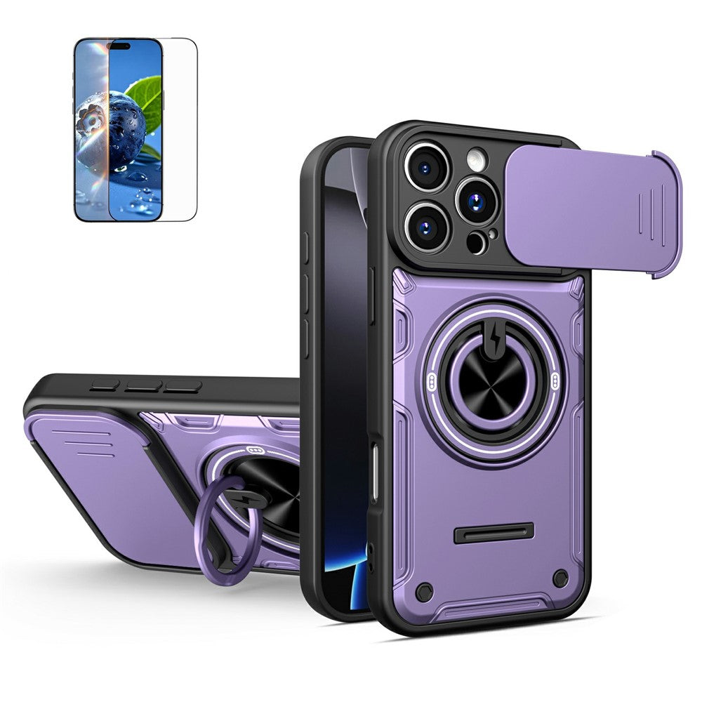 For iPhone 16 Pro Max Case Sliding Camera Cover Ring Kickstand PC + TPU Phone Shell with Tempered Glass Film