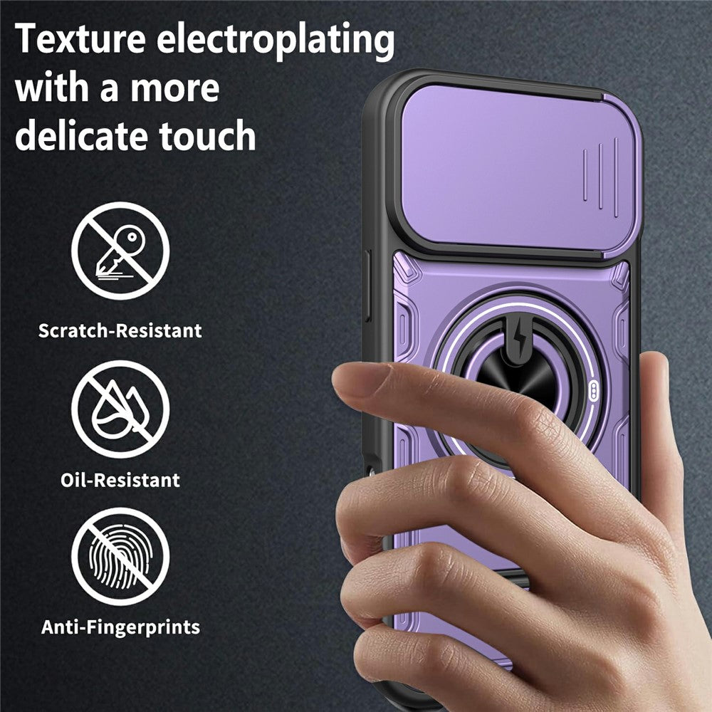 For iPhone 16 Pro Max Case Sliding Camera Cover Ring Kickstand PC + TPU Phone Shell with Tempered Glass Film