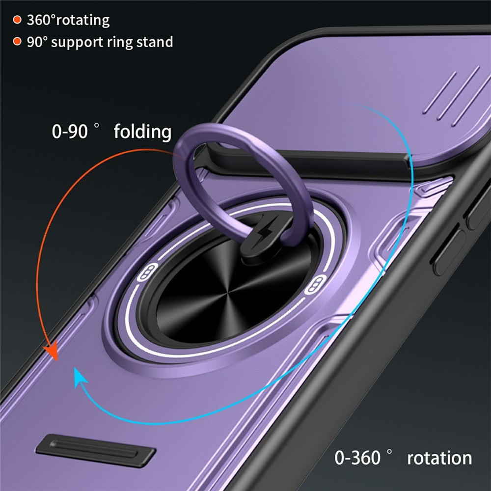 For iPhone 16 Pro Max Case Sliding Camera Cover Ring Kickstand PC + TPU Phone Shell with Tempered Glass Film