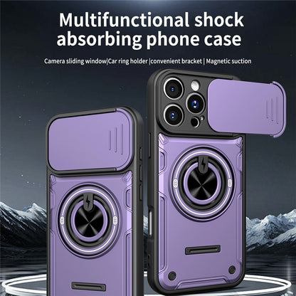 For iPhone 16 Pro Max Case Sliding Camera Cover Ring Kickstand PC + TPU Phone Shell with Tempered Glass Film
