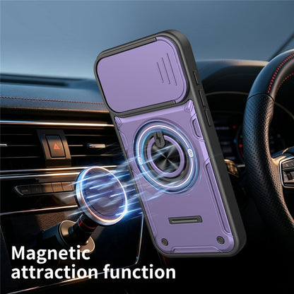 For iPhone 16 Pro Max Case Sliding Camera Cover Ring Kickstand PC + TPU Phone Shell with Tempered Glass Film