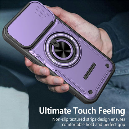 For iPhone 16 Pro Max Case Sliding Camera Cover Ring Kickstand PC + TPU Phone Shell with Tempered Glass Film