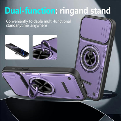 For iPhone 16 Pro Max Case Sliding Camera Cover Ring Kickstand PC + TPU Phone Shell with Tempered Glass Film
