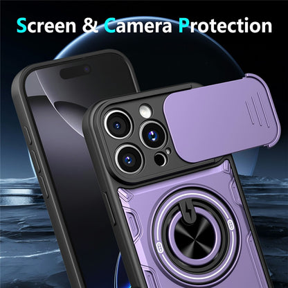 For iPhone 16 Pro Max Case Sliding Camera Cover Ring Kickstand PC + TPU Phone Shell with Tempered Glass Film