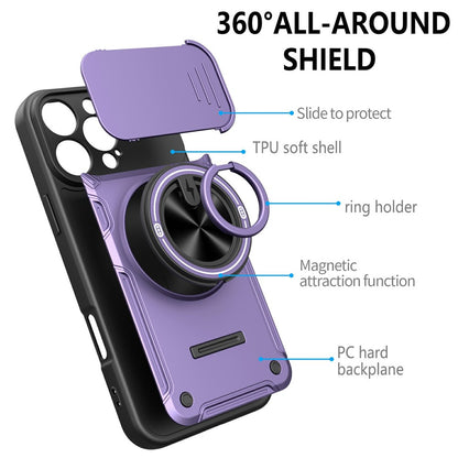 For iPhone 16 Pro Max Case Sliding Camera Cover Ring Kickstand PC + TPU Phone Shell with Tempered Glass Film