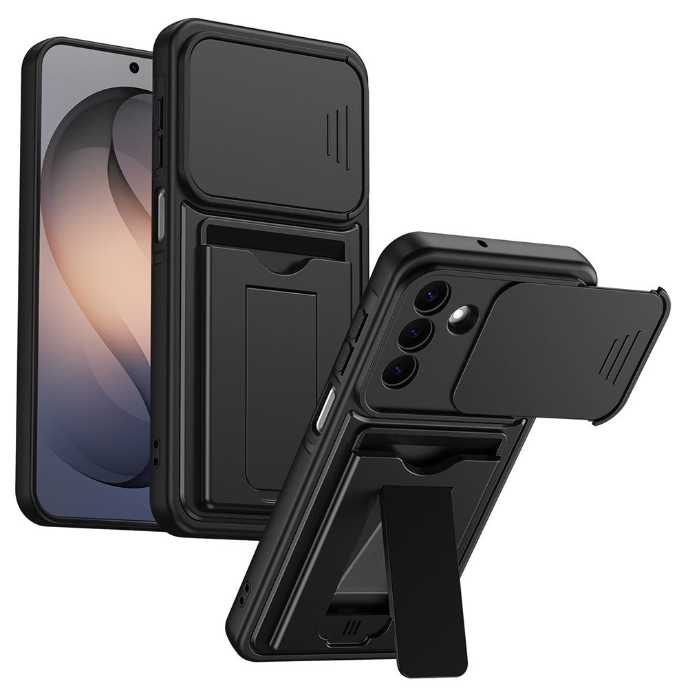 For Samsung Galaxy S26+ Case Slide Camera Cover Kickstand PC + TPU Phone Shell with Card Holder