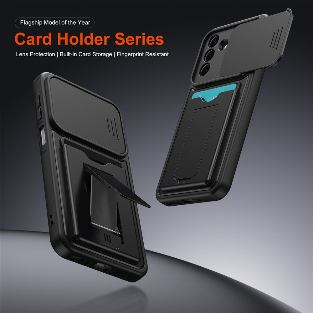 For Samsung Galaxy S26+ Case Slide Camera Cover Kickstand PC + TPU Phone Shell with Card Holder