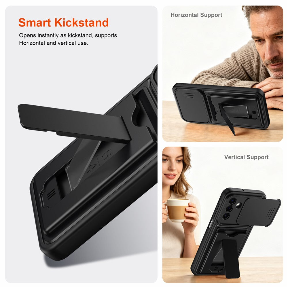 For Samsung Galaxy S26+ Case Slide Camera Cover Kickstand PC + TPU Phone Shell with Card Holder