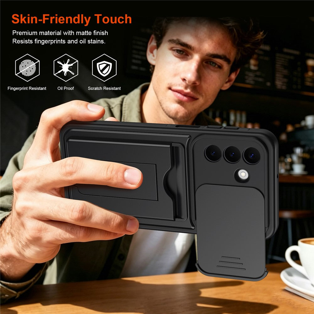 For Samsung Galaxy S26+ Case Slide Camera Cover Kickstand PC + TPU Phone Shell with Card Holder