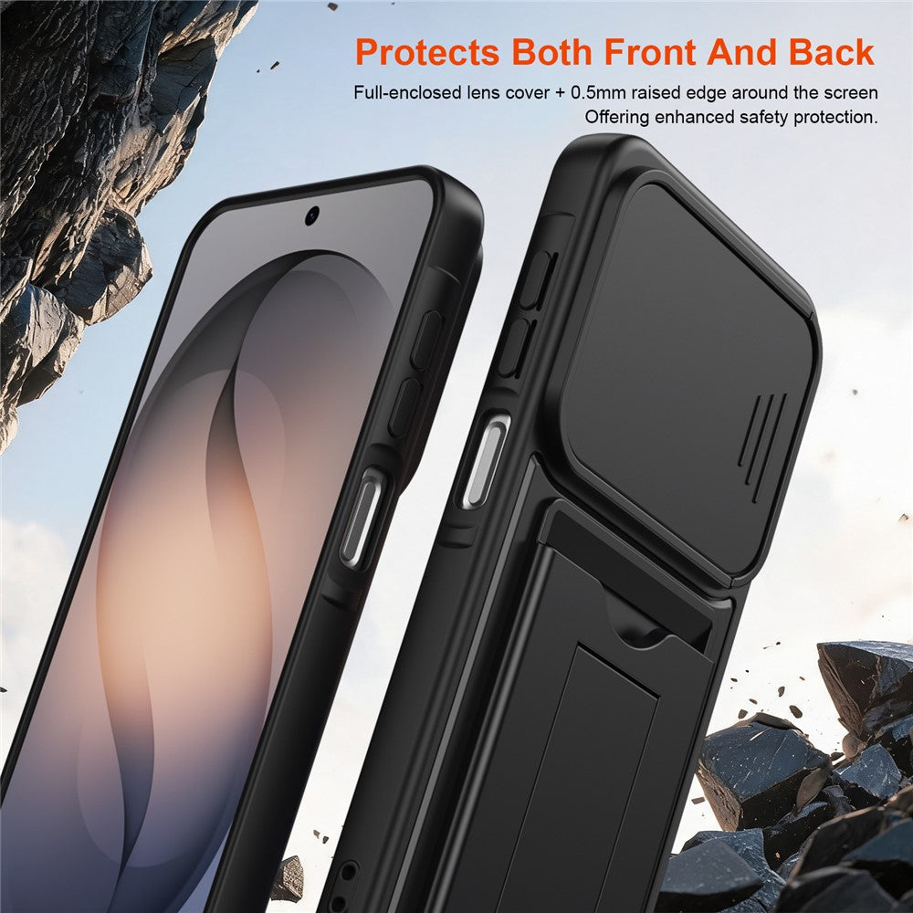 For Samsung Galaxy S26+ Case Slide Camera Cover Kickstand PC + TPU Phone Shell with Card Holder