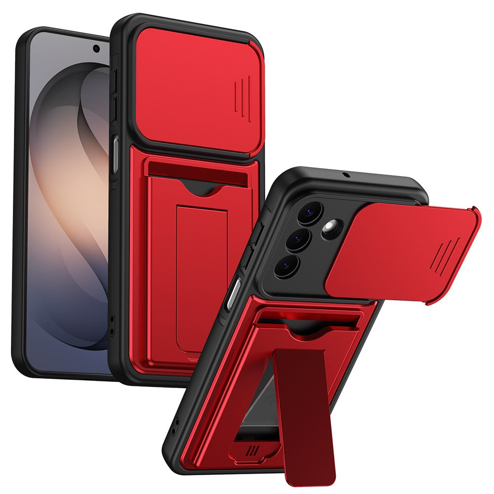 For Samsung Galaxy S26+ Case Slide Camera Cover Kickstand PC + TPU Phone Shell with Card Holder