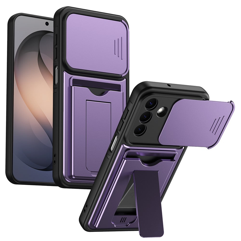 For Samsung Galaxy S26+ Case Slide Camera Cover Kickstand PC + TPU Phone Shell with Card Holder