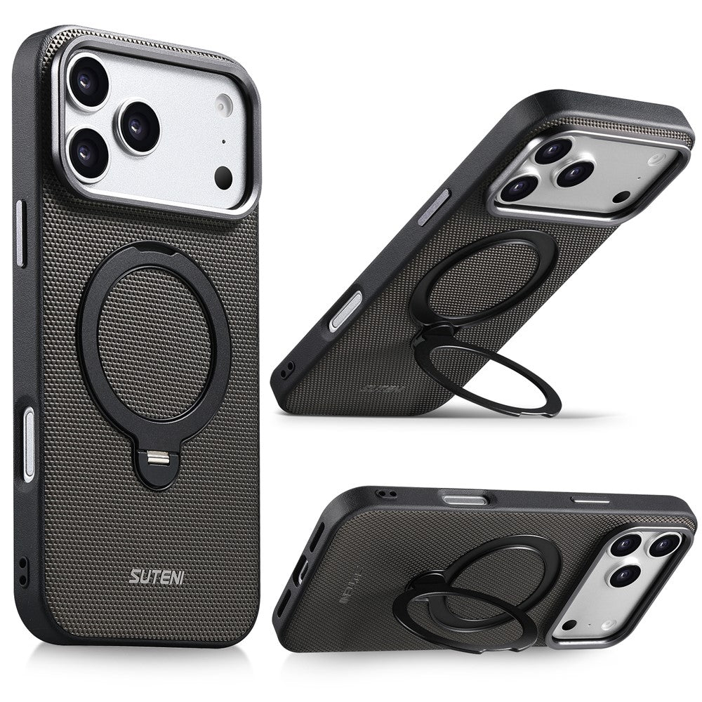 SUTENI G7 for iPhone 17 Pro Max Magnetic Case Rotating Kickstand Triangle Texture Leather + TPU Phone Cover