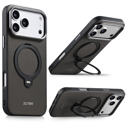 SUTENI G7 for iPhone 17 Pro Max Magnetic Case Rotating Kickstand Triangle Texture Leather + TPU Phone Cover