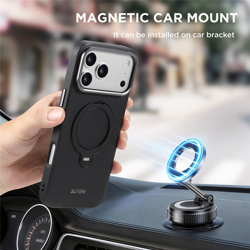 SUTENI G7 for iPhone 17 Pro Magnetic Case Rotating Kickstand Triangle Texture Leather + TPU Phone Cover