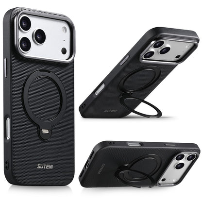 SUTENI G7 for iPhone 17 Pro Magnetic Case Rotating Kickstand Triangle Texture Leather + TPU Phone Cover