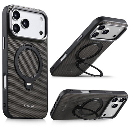 SUTENI G7 for iPhone 17 Pro Magnetic Case Rotating Kickstand Triangle Texture Leather + TPU Phone Cover
