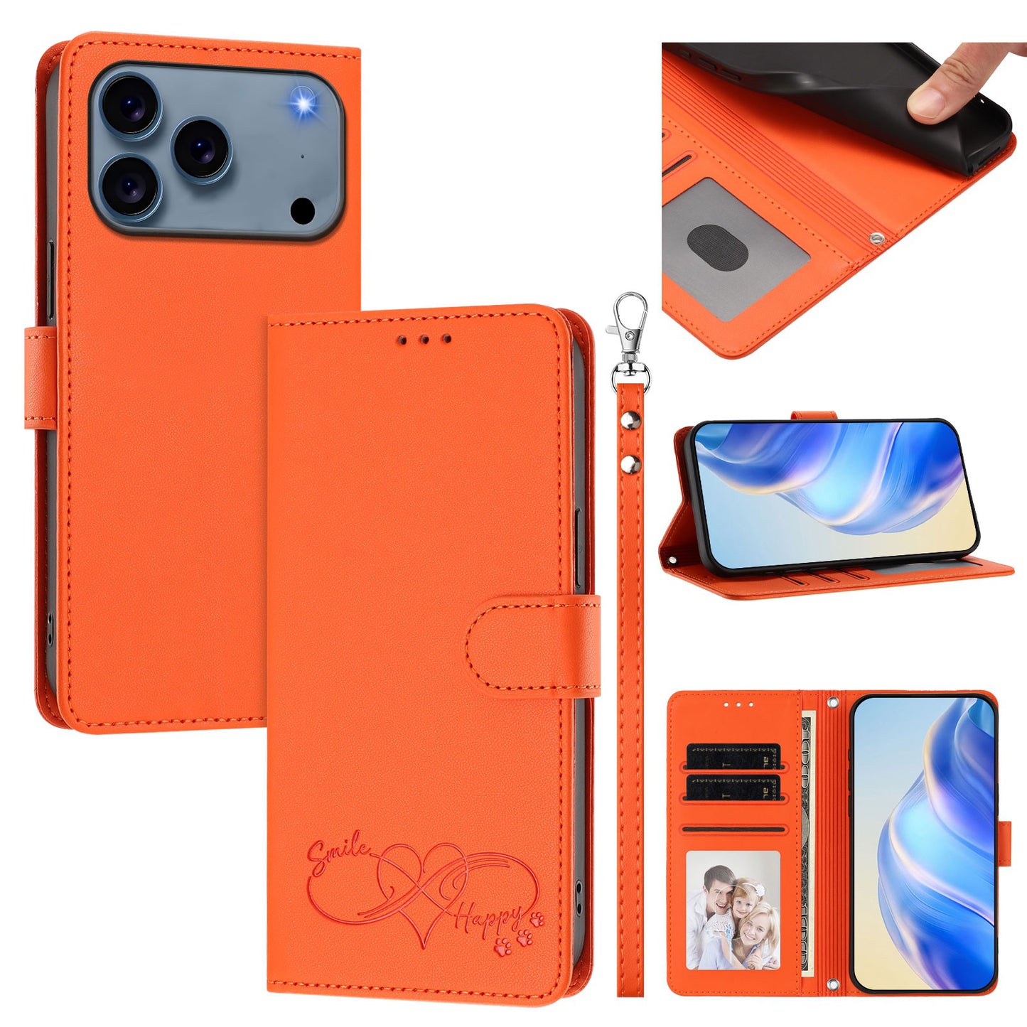 For iPhone 18 Pro / iPhone 17 Pro Case PU Leather Heart Pattern Wallet Flip Phone Cover with Hand Strap