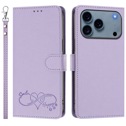For iPhone 18 Pro / iPhone 17 Pro Case PU Leather Heart Pattern Wallet Flip Phone Cover with Hand Strap