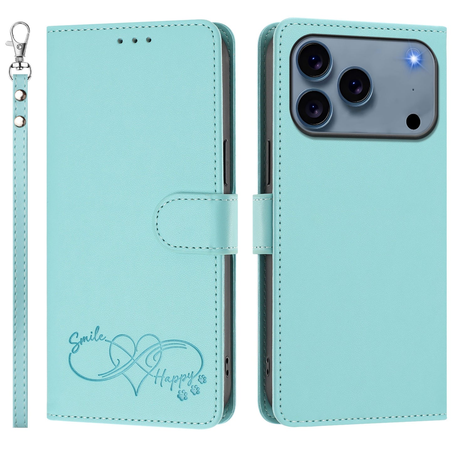 For iPhone 18 Pro / iPhone 17 Pro Case PU Leather Heart Pattern Wallet Flip Phone Cover with Hand Strap