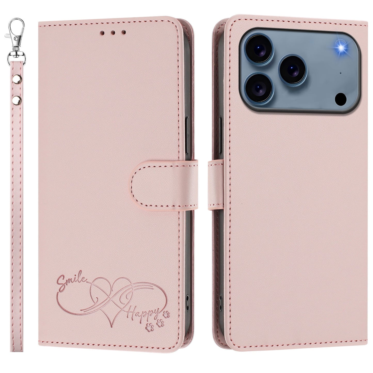 For iPhone 18 Pro / iPhone 17 Pro Case PU Leather Heart Pattern Wallet Flip Phone Cover with Hand Strap