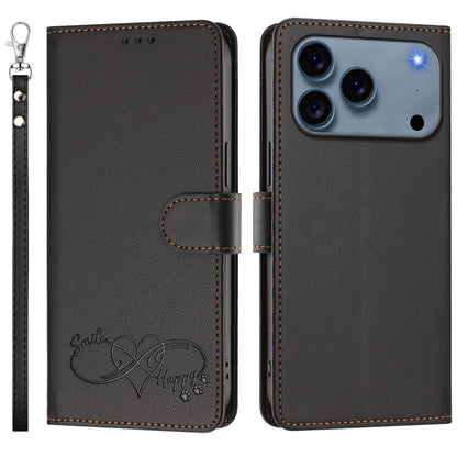 For iPhone 18 Pro / iPhone 17 Pro Case PU Leather Heart Pattern Wallet Flip Phone Cover with Hand Strap