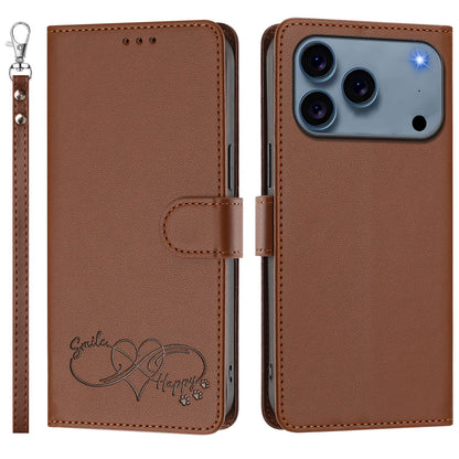 For iPhone 18 Pro / iPhone 17 Pro Case PU Leather Heart Pattern Wallet Flip Phone Cover with Hand Strap