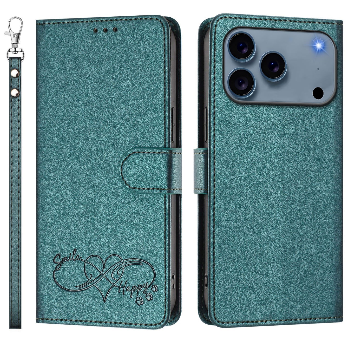 For iPhone 18 Pro / iPhone 17 Pro Case PU Leather Heart Pattern Wallet Flip Phone Cover with Hand Strap