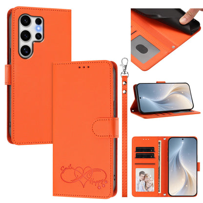 For Samsung Galaxy S25 Ultra Case PU Leather Heart Pattern Wallet Flip Phone Cover with Hand Strap