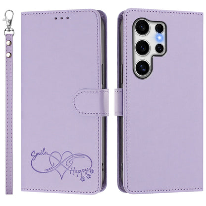 For Samsung Galaxy S25 Ultra Case PU Leather Heart Pattern Wallet Flip Phone Cover with Hand Strap
