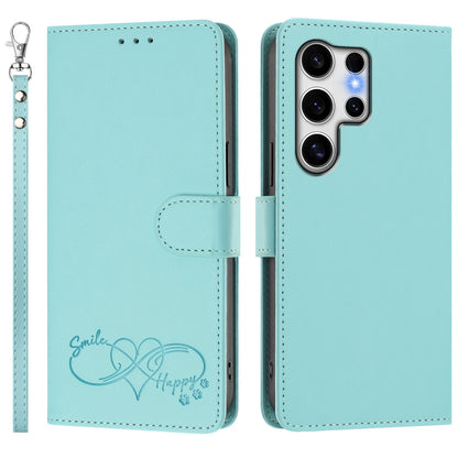 For Samsung Galaxy S25 Ultra Case PU Leather Heart Pattern Wallet Flip Phone Cover with Hand Strap