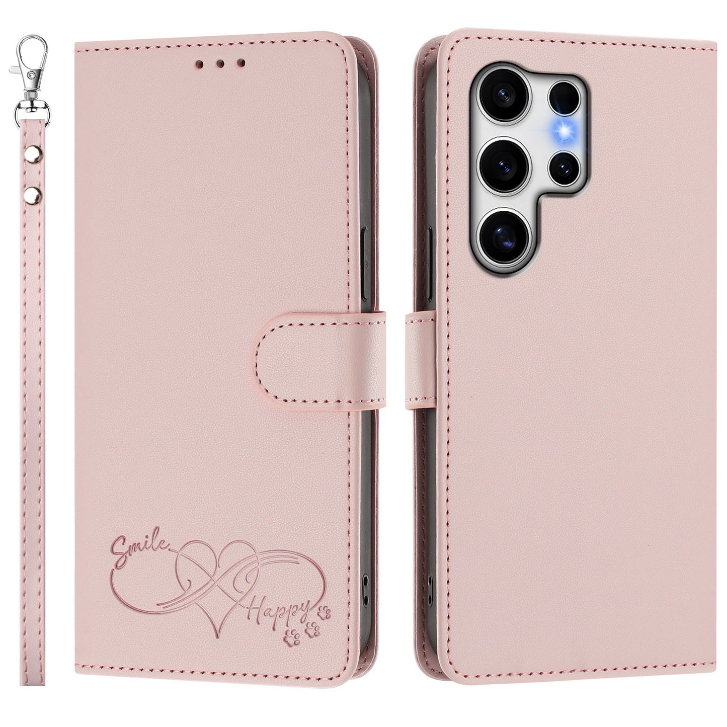 For Samsung Galaxy S25 Ultra Case PU Leather Heart Pattern Wallet Flip Phone Cover with Hand Strap
