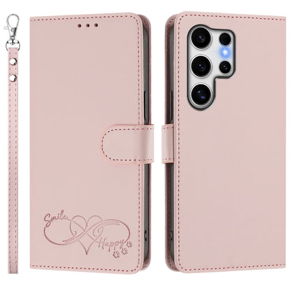 For Samsung Galaxy S25 Ultra Case PU Leather Heart Pattern Wallet Flip Phone Cover with Hand Strap