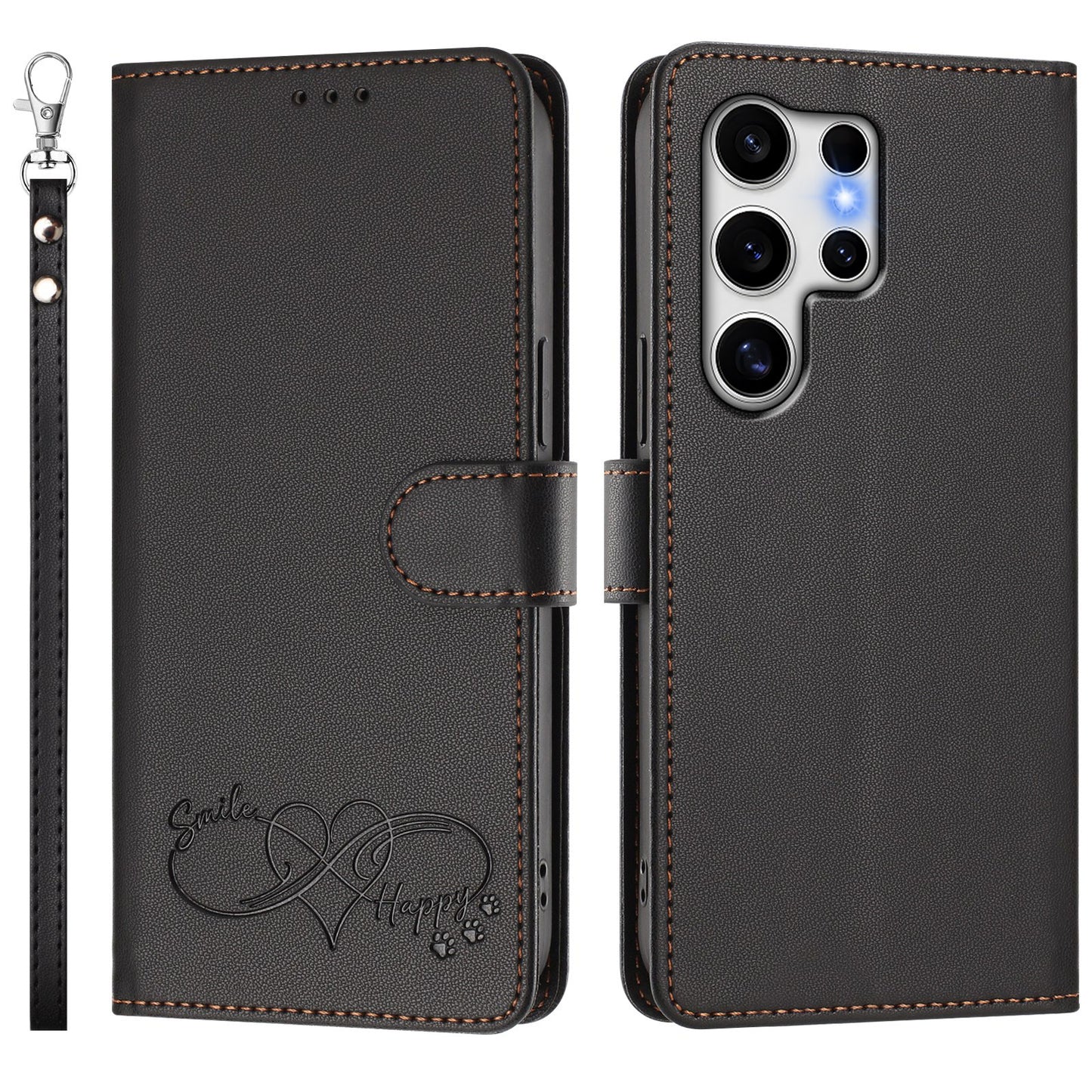 For Samsung Galaxy S25 Ultra Case PU Leather Heart Pattern Wallet Flip Phone Cover with Hand Strap