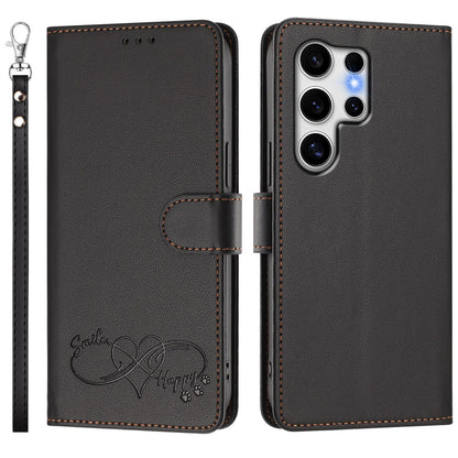 For Samsung Galaxy S25 Ultra Case PU Leather Heart Pattern Wallet Flip Phone Cover with Hand Strap