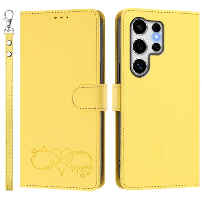 For Samsung Galaxy S25 Ultra Case PU Leather Heart Pattern Wallet Flip Phone Cover with Hand Strap
