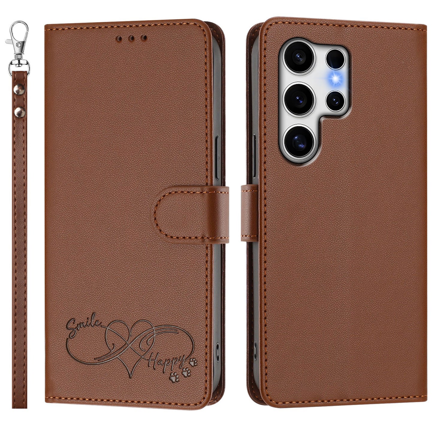 For Samsung Galaxy S25 Ultra Case PU Leather Heart Pattern Wallet Flip Phone Cover with Hand Strap