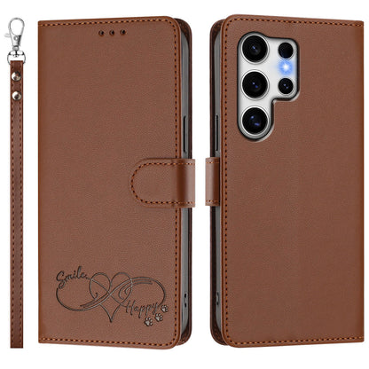 For Samsung Galaxy S25 Ultra Case PU Leather Heart Pattern Wallet Flip Phone Cover with Hand Strap