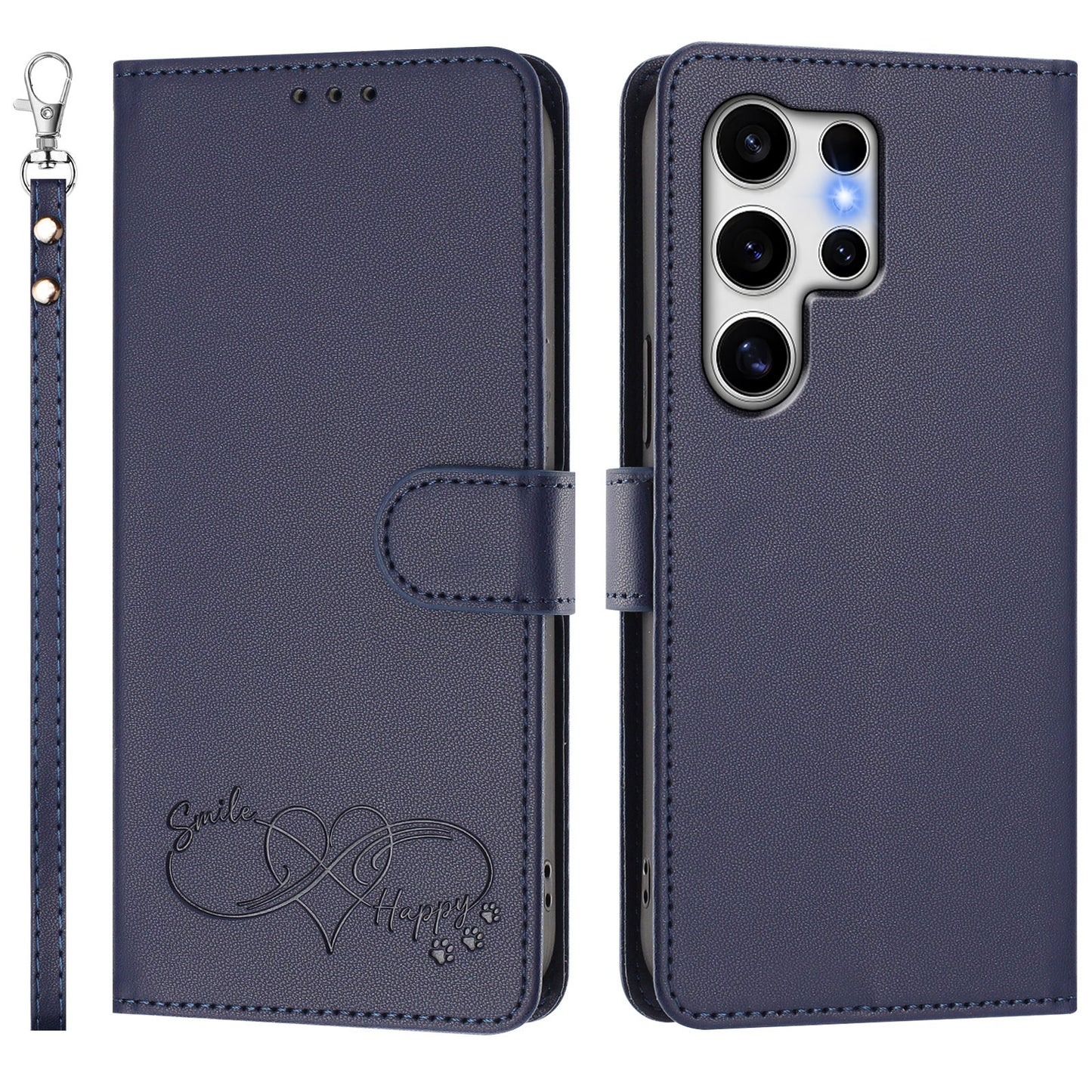 For Samsung Galaxy S25 Ultra Case PU Leather Heart Pattern Wallet Flip Phone Cover with Hand Strap