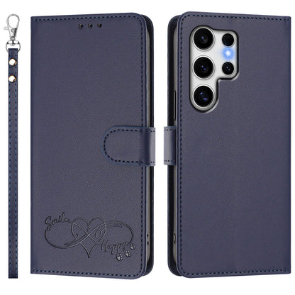 For Samsung Galaxy S25 Ultra Case PU Leather Heart Pattern Wallet Flip Phone Cover with Hand Strap