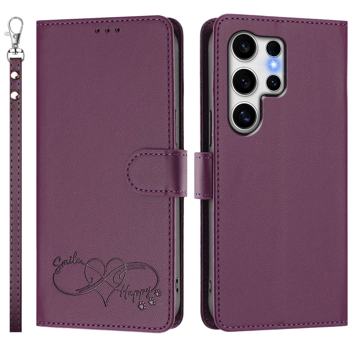 For Samsung Galaxy S25 Ultra Case PU Leather Heart Pattern Wallet Flip Phone Cover with Hand Strap