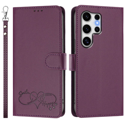 For Samsung Galaxy S25 Ultra Case PU Leather Heart Pattern Wallet Flip Phone Cover with Hand Strap